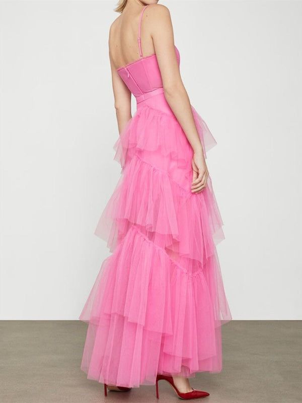 SSR1782,Elegant Open Back Layered Hot Pink Tulle Long Prom Dresses, Hot Pink Tulle Formal Graduation Evening Dresses