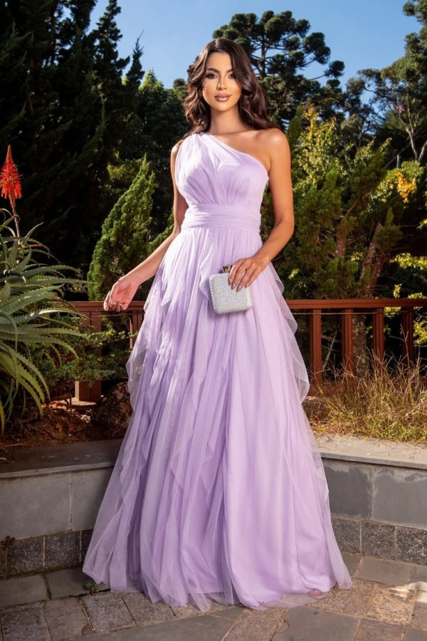 Elegant Light Purple One-Shoulder Tulle Prom Dress ssr0464