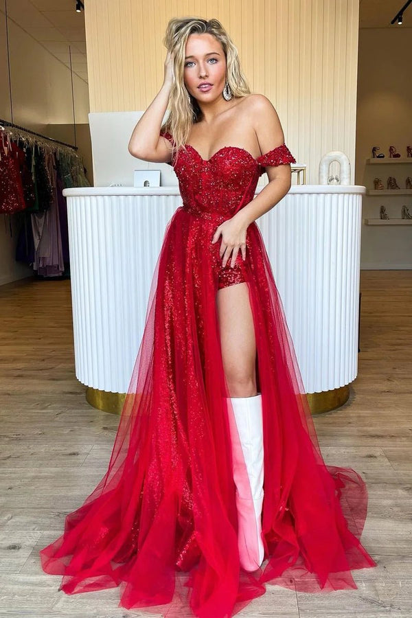 Ashlee |?Sparkly Tow Piece Off the Shoulder Red Sequins Long Prom Dresses