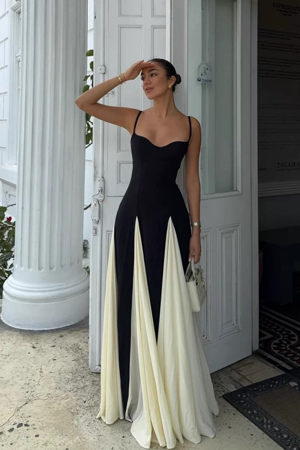 Black Ivory Spliced Spaghetti-Straps Prom Dress ssr0337