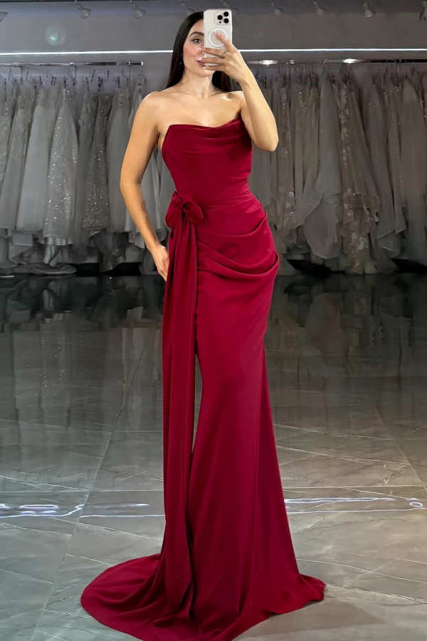 Burgundy Long Strapless Mermaid Bow Prom Dress ssr0667