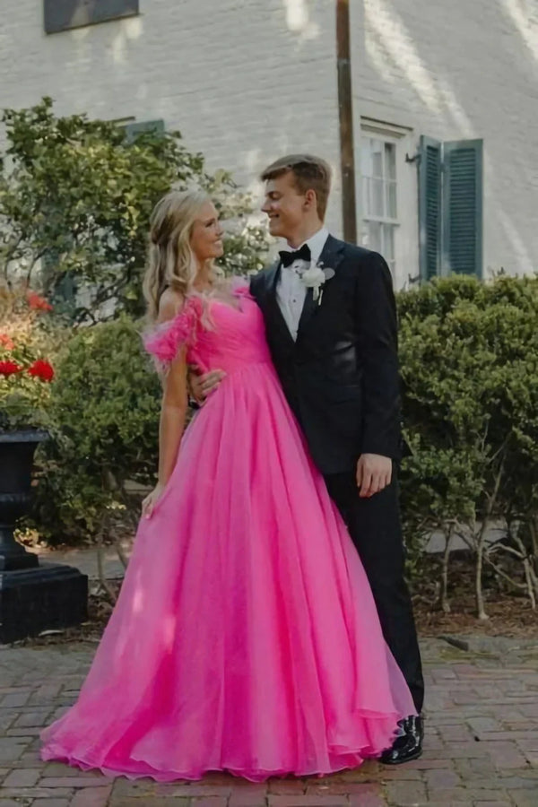 SSR1719, Hot Pink Off The Shoulder A-Line Prom Dresses