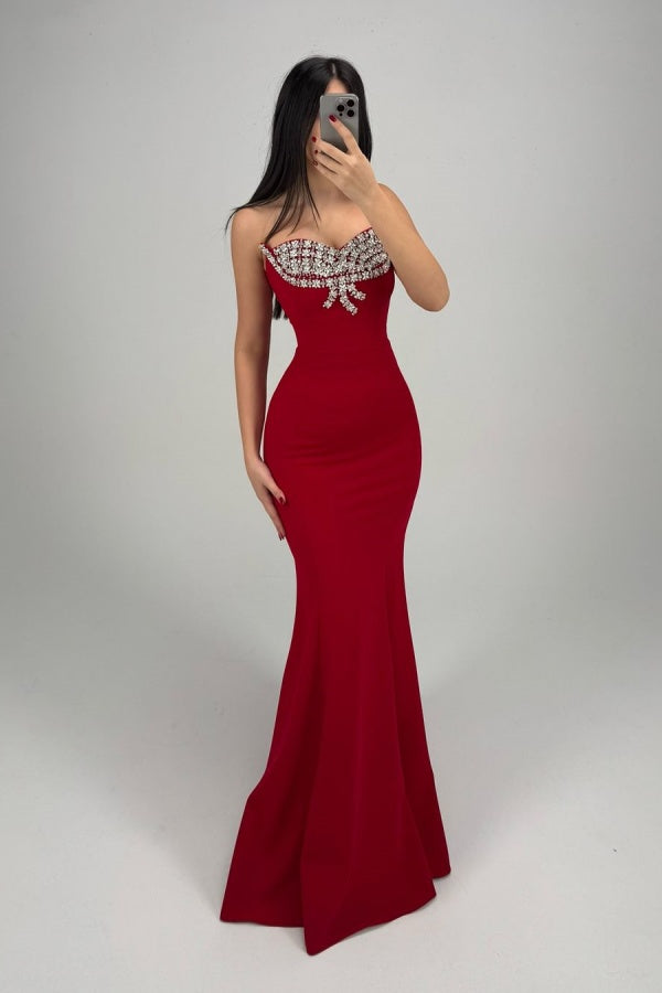 Red Beaded Strapless Mermaid Gorgeous Prom Dress ssr0318