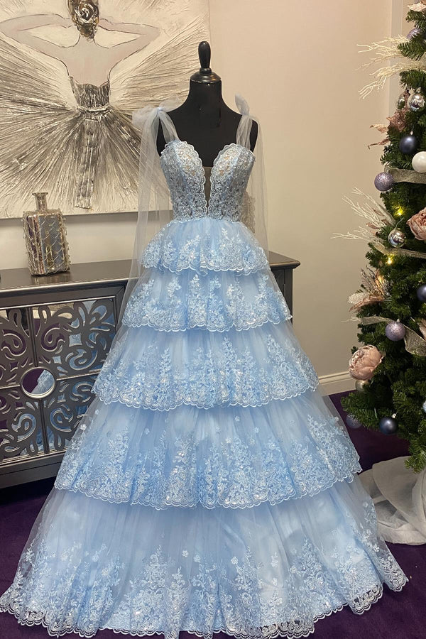Light Blue Appliques Tiered Ruffle Prom Gown