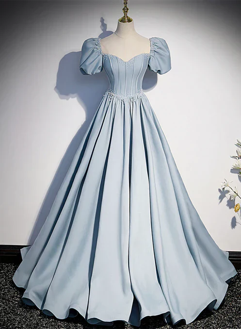 Blue Satin Long Prom Dress with Pearls Short Sleeves A-line Evening Dress Formal Dress december wedding guest dress