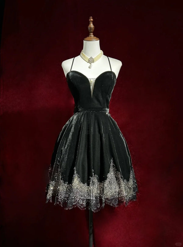 Black Shiny Vintage Elegant Delicate Rhinestone Lace Short Homecoming Dress Velvet Ball Gown Evening Gown Prom Dress Birthday Party Dress, SSR1246