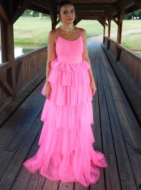 SSR1781,Unique A Line Light Pink Ruffles Layered Tulle Long Prom Dresses