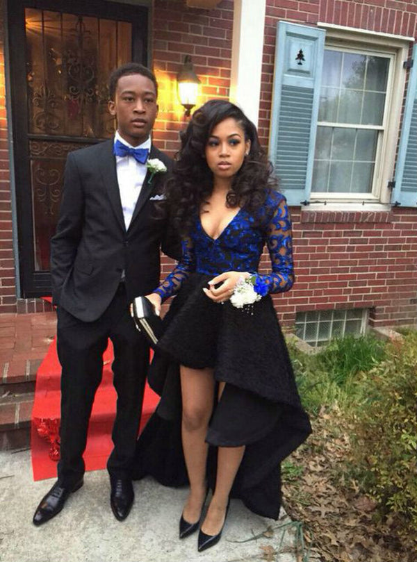 SSR0354,Black High Low V-Neck Prom Dresses Lace Black Prom Dress Long Sleeves Evening Gown