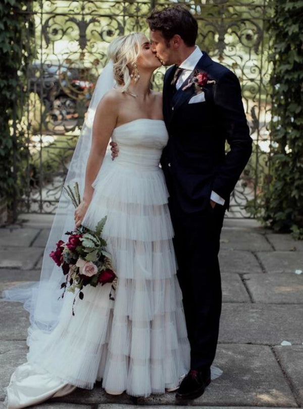 SSR0809,New Arrival Ivory Tulle Strapless Tiered A-Line Long Cheap Wedding Dresses