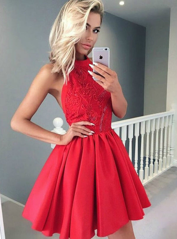 SSR0501,Red Halter Lace Sequin Homecoming Dresses Mini Party Gown