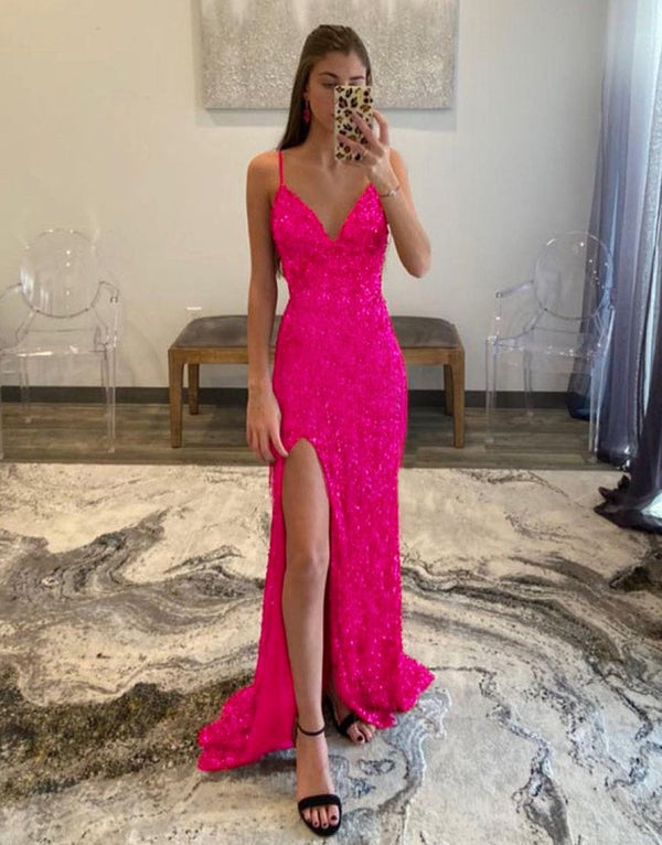 SSR0906,Glitter hot pink sequin prom dresses long v-neck long evening party gown