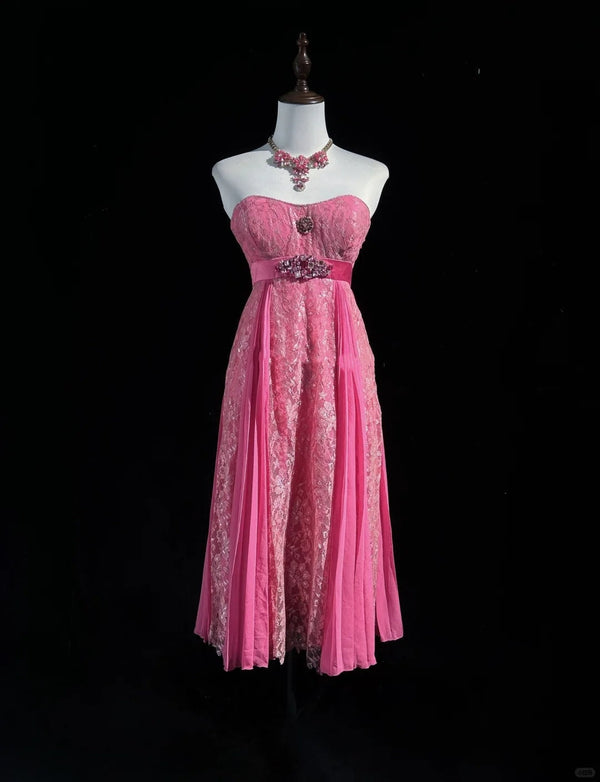 Pink Vintage Elegant Exquisite Rhinestone Lace Short Homecoming Dress Tulle Prom Dress Evening Dress Ball Gown Birthday Party Dress, SSR1245
