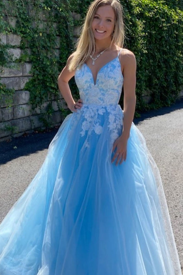 SSR0056,Sky Blue Spaghetti Straps V-Neck Lace Tulle Applique A-Line Prom Dresses Long Evening Gown
