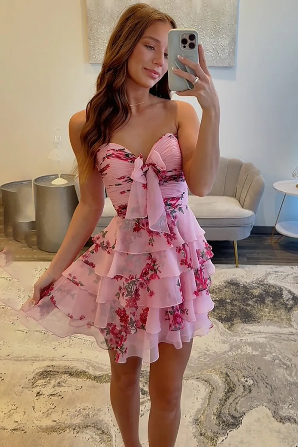 New A Line Sweetheart Blue Printed Short Homecoming Dress with Ruffles, SSR1225