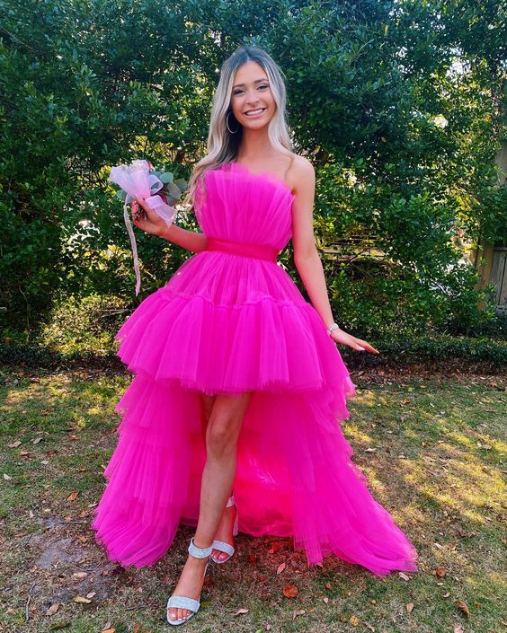 SSR1194,Hot Pink Strapless High Low Formal Gown,Tulle Prom Evening Dresses
