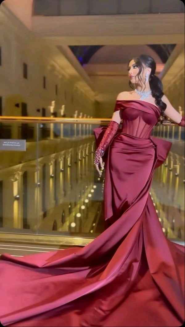 Burgundy One Shoulder Mermaid Bowknot Prom Dresses 2025