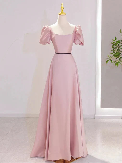 Pink A-line Short Sleeves Floor Length Party Dress Satin Prom Dress Formal Dress december wedding guest dress