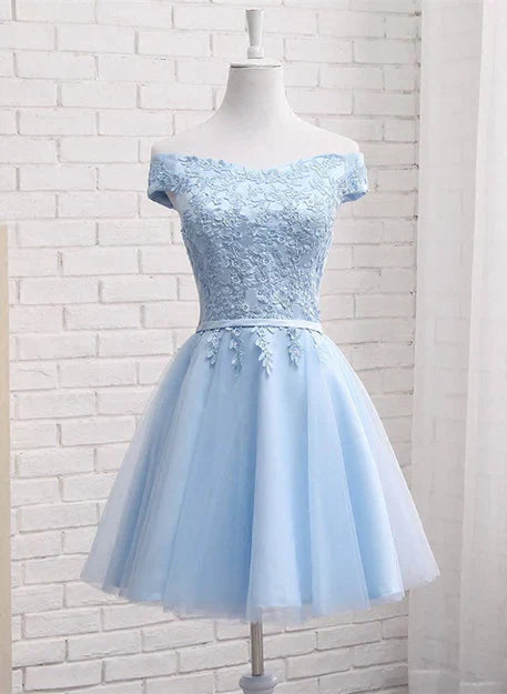 Beautiful Light Blue Off Shoulder Tulle Party Dress Homecoming Dress with Appliques