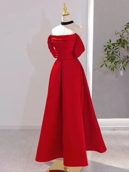 Red Satin A-line Scoop Long Evening Dress Prom Dress Off Shoulder Formal Dress december wedding guest dress