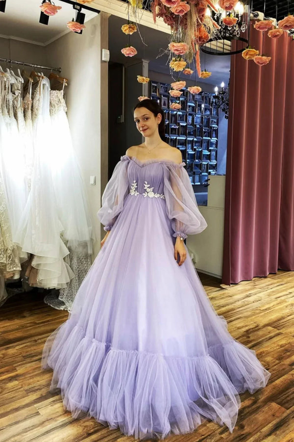 SSR1287,Amazing Off-the-shoulder Long Sleeves Beaded Appliqued Slit Tulle Prom Evening Dresses