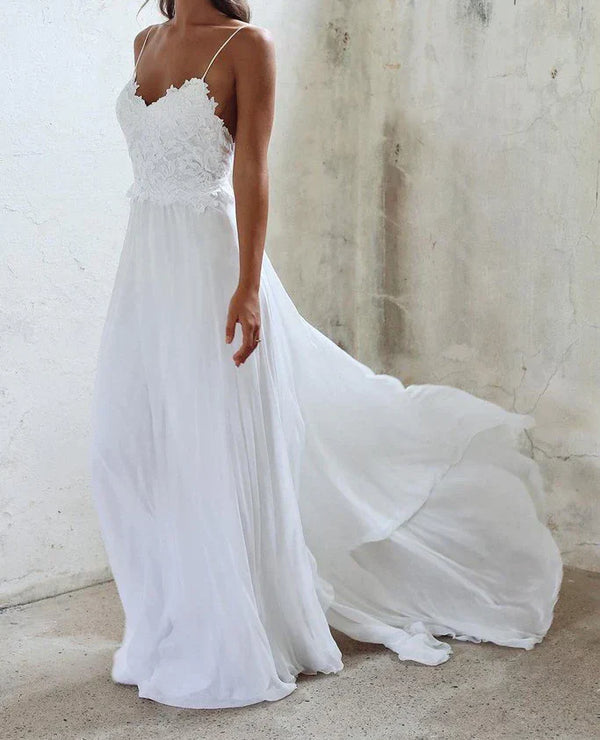 SSR1171,Boho White Beach Wedding Dresses,White Lace Chiffon Wedding Gown