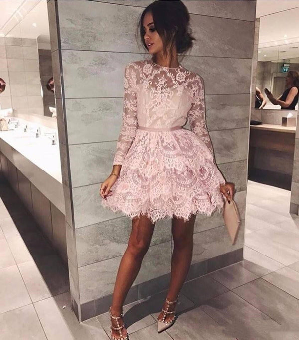 SSR0483,Pink Lace A-Line Homecoming Dresses Layers Lace Prom Dress