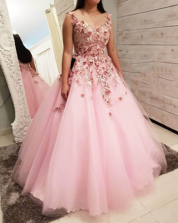 SSR0757,Princess dress pink 3D floral tulle ball gown long prom dresses