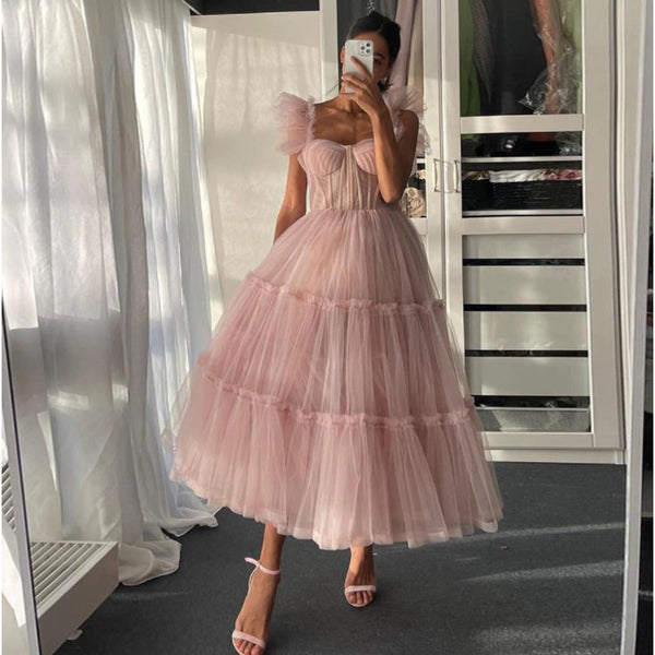 SSR1017,Dusty pink tulle prom dresses sweetheart tea length long evening formal gown