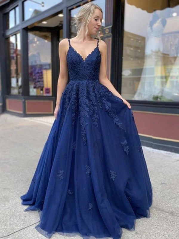 SSR0868,2022 Navy Blue Prom Dresses,Tulle Evening Dress,Applique Long Prom Dress Party Gown