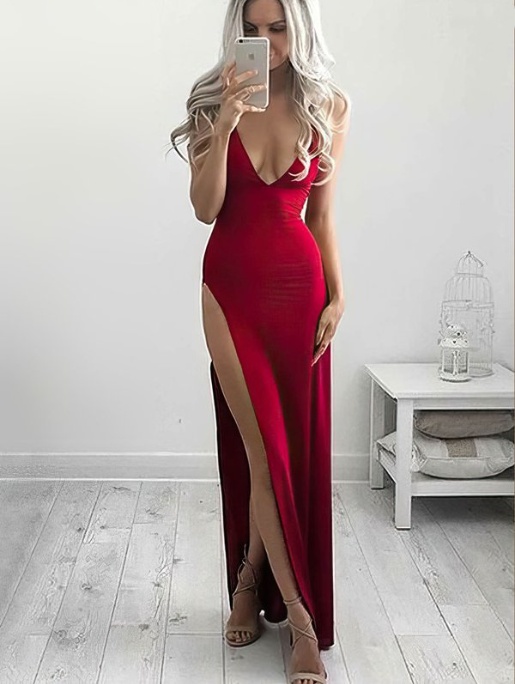 SSR1223,Sexy Red Split Evening Prom Dresses,V-Neck Long Homecoming Dress