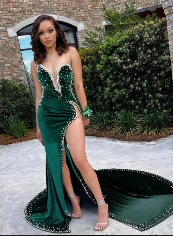 SSR1748,Column Hunter Velvet Strapless Pearls Sleeveless Sweep Train Prom Dresses