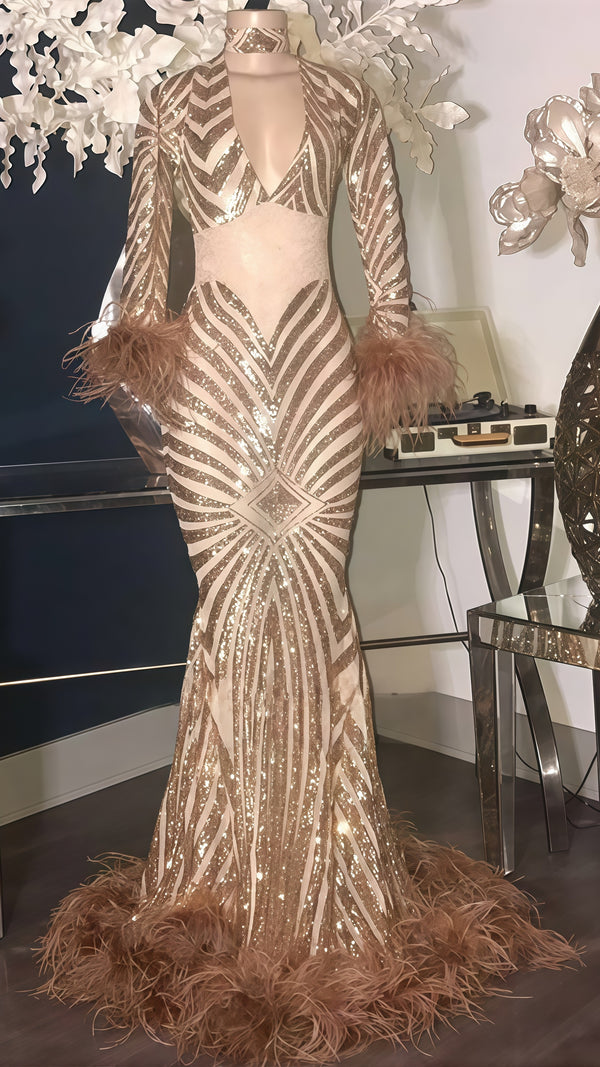 V-Neck Modern See-Through Long-Sleeves Feathers Mermaid Sequins Prom Dresses,SSR1174