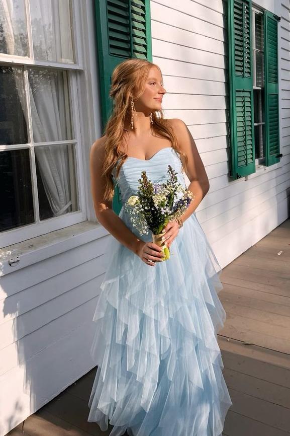 Sweetheart Light Blue Tulle Ruffle Long Prom Dress