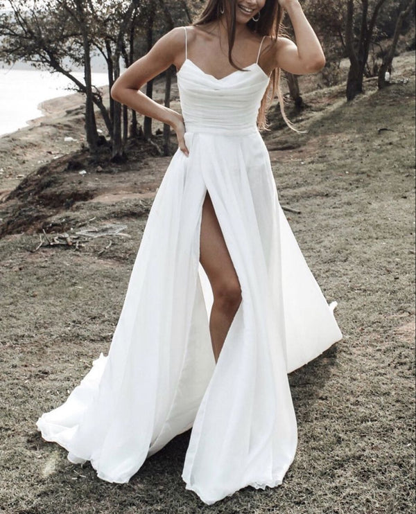 SSR1624,Romantic White Pleated Spaghetti Straps A-Line Wedding Gown White Bridal Dresses With High Split