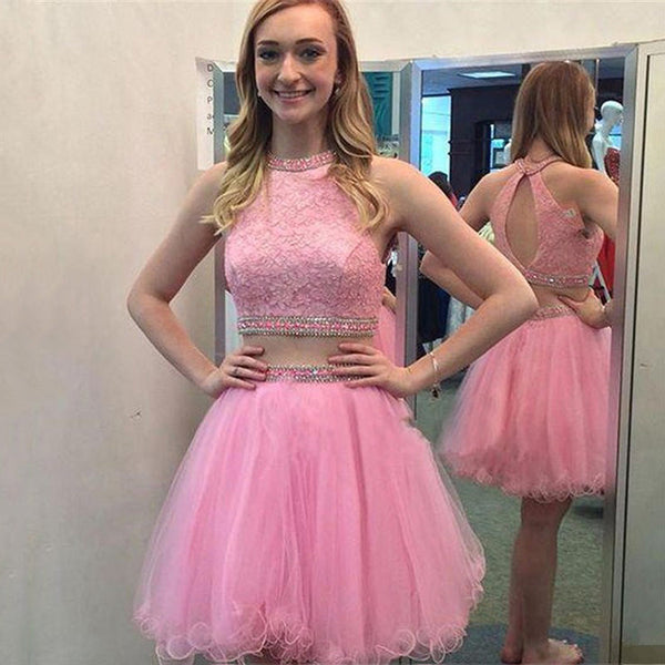 SSR1296,Sweet Pink Two Pieces Lace Beaded Homecoming Dresses