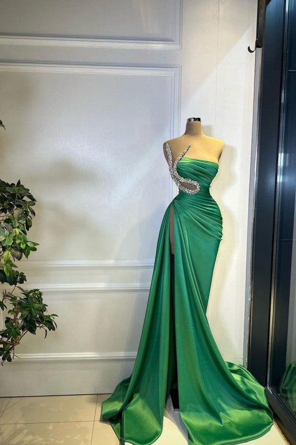 Green Strapless Pleated Long Beaded High Split Prom Dress ssr0204