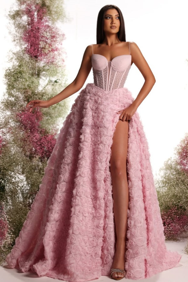 Blushing Pink Spaghetti-Straps Beaded Split Flowers Prom Dress ssr0542