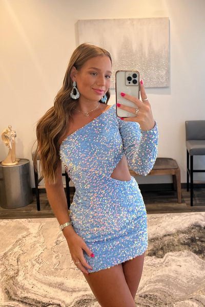 One Sleeves Sequin Mini Tight Homecoming Dress