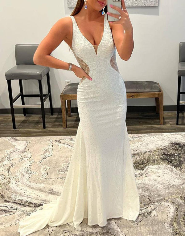 Tonya |?White Mermaid V-Neck Beaded Long Prom Dress