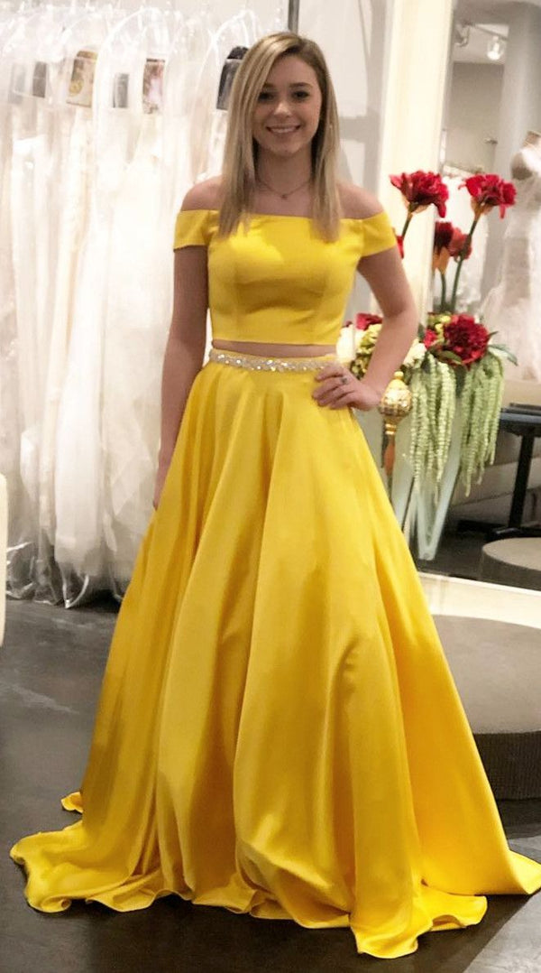 SSR0783,Two pieces yellow mermaid long prom dresses beaded off the shoulder evening gown