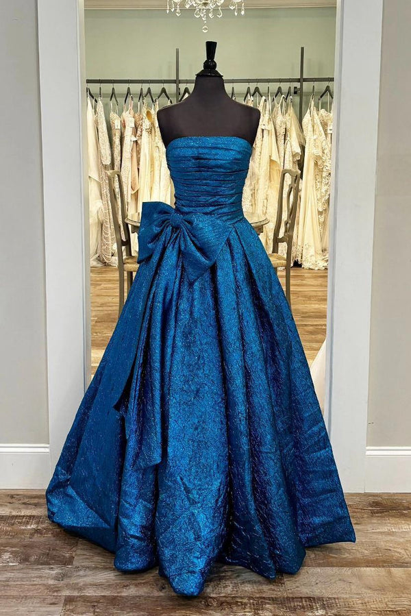 Strapless Royal Blue Ruched A-line Long Formal Gown