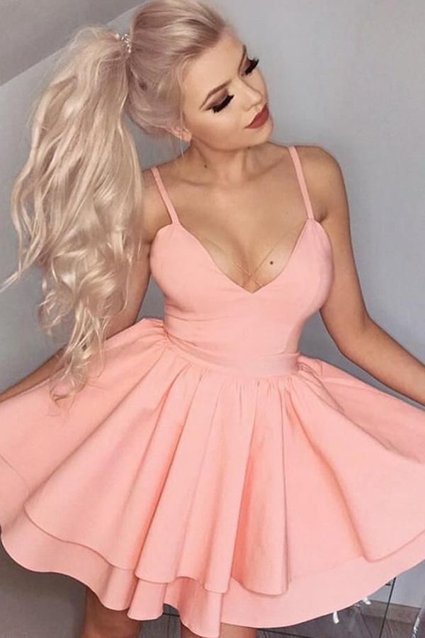 SSR1863,Sexy Blush Pink Satin A-Line Homecoming Dresses