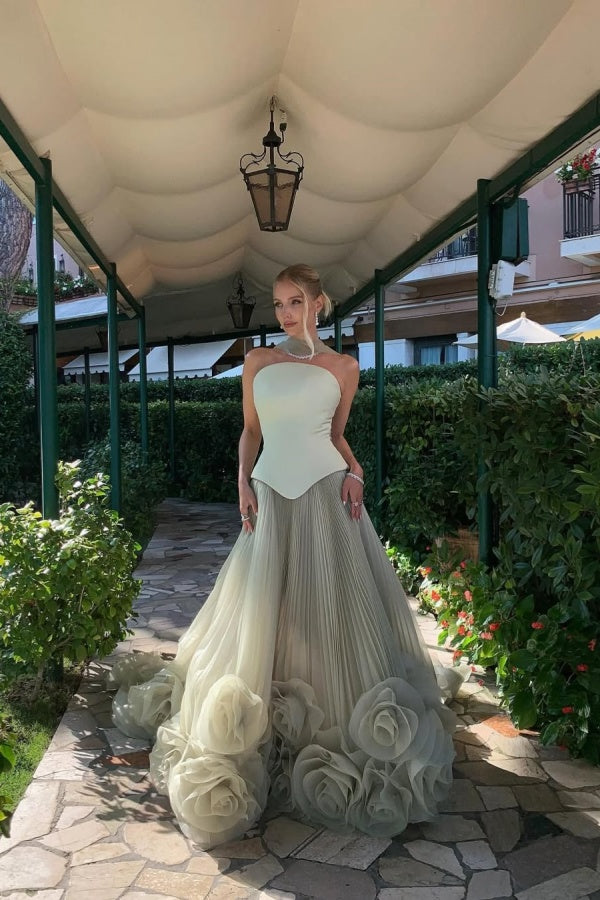 Green Pleated Long Handmade Flowers Strapless Prom Dress ssr0627