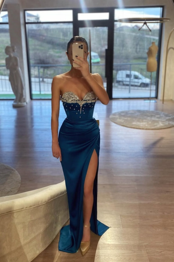 Blue Sweetheart Split Beaded Sheath Strapless Prom Dress ssr0535