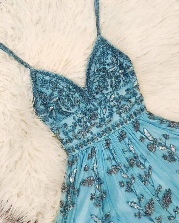 SSR0997,Beautiful blue prom dresses applique beaded evening formal gown