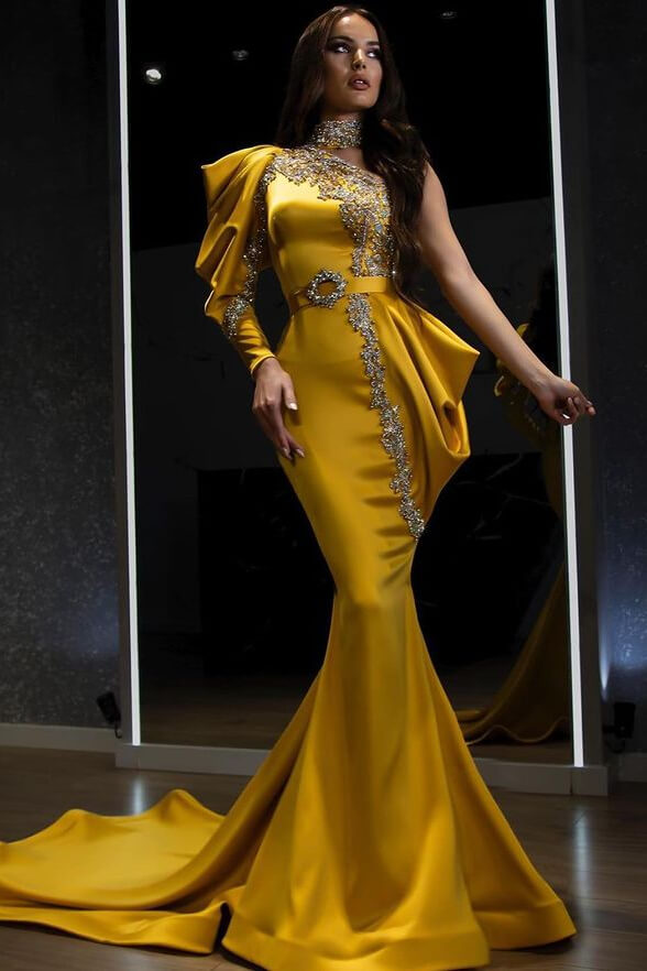 Yellow Halter Mermaid One Shoulder Long Sleeve Evening Dress With Beadings ED0350