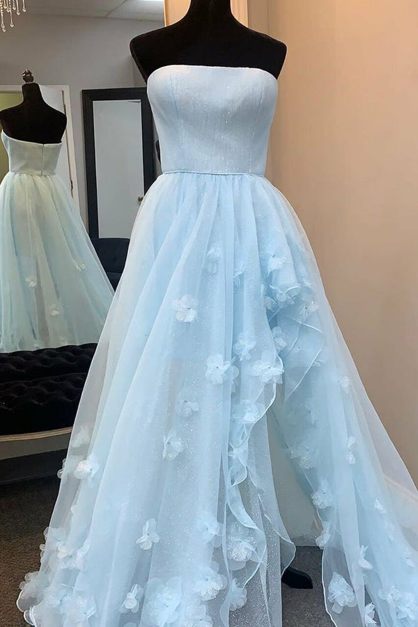 SSR0964,Princess Strapless High Low Appliques Light Blue Prom Dress