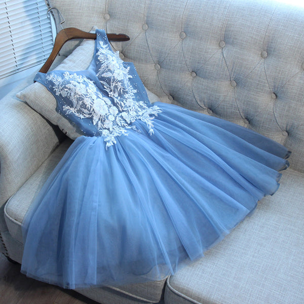SSR0630,Blue v-neck mini prom dress tulle applique beaded homecoming dresses