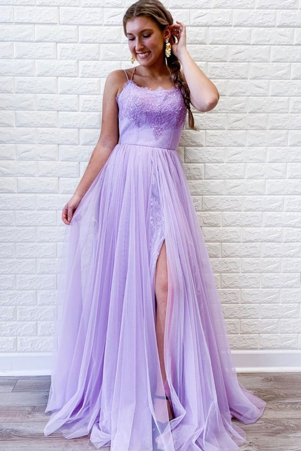SSR0903,Long Prom Dress with Slit,Purple Formal Dress,Lilac Evening Dress,Lace Dance Dresses,Tulle Graduation School Party Gown