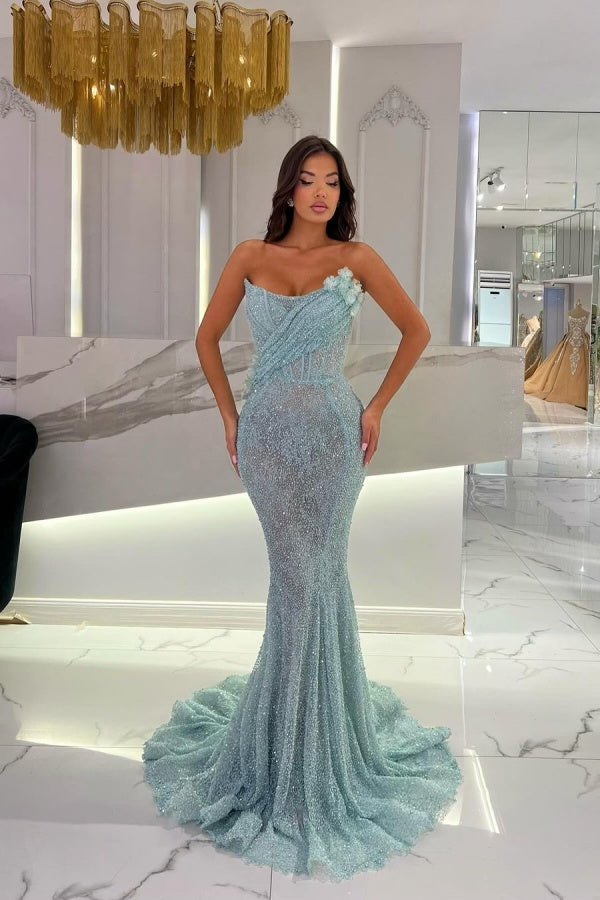 Gorgeous Strapless Sequins Mermaid Prom Dress With 3D-Blumen ssr0209